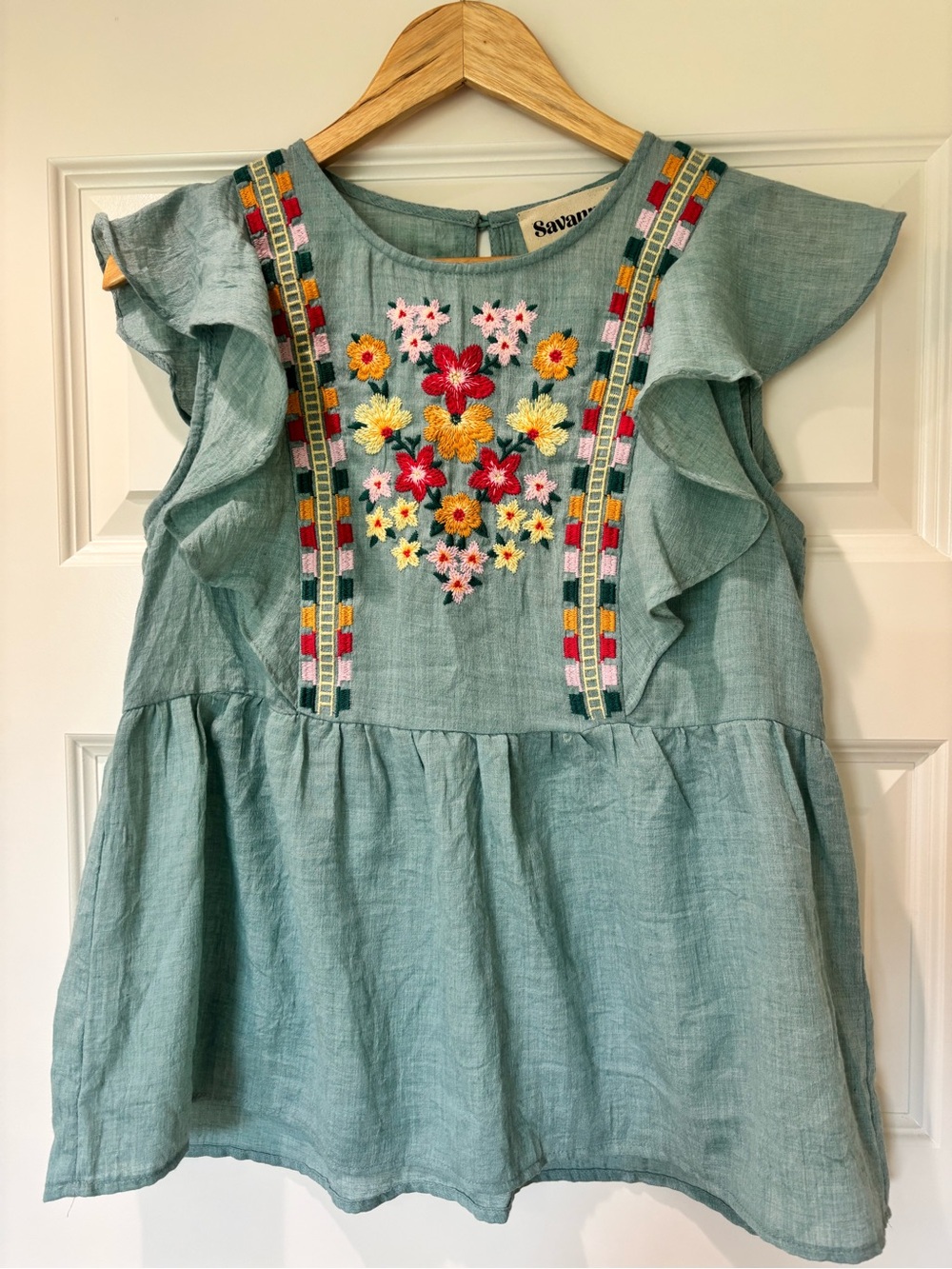 SAVANNA JANE Sz S Embroidered Floral Boho Top Teal Blue Green Ruffles NWT